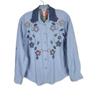 Vintage Chambray Floral Patched Oversized Button Down Long Sleeves Shirt Size S